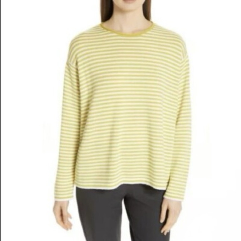 Eileen Fisher Merino Wool Sweater Pullover Crewneck Stripe Size XS Green Relaxed